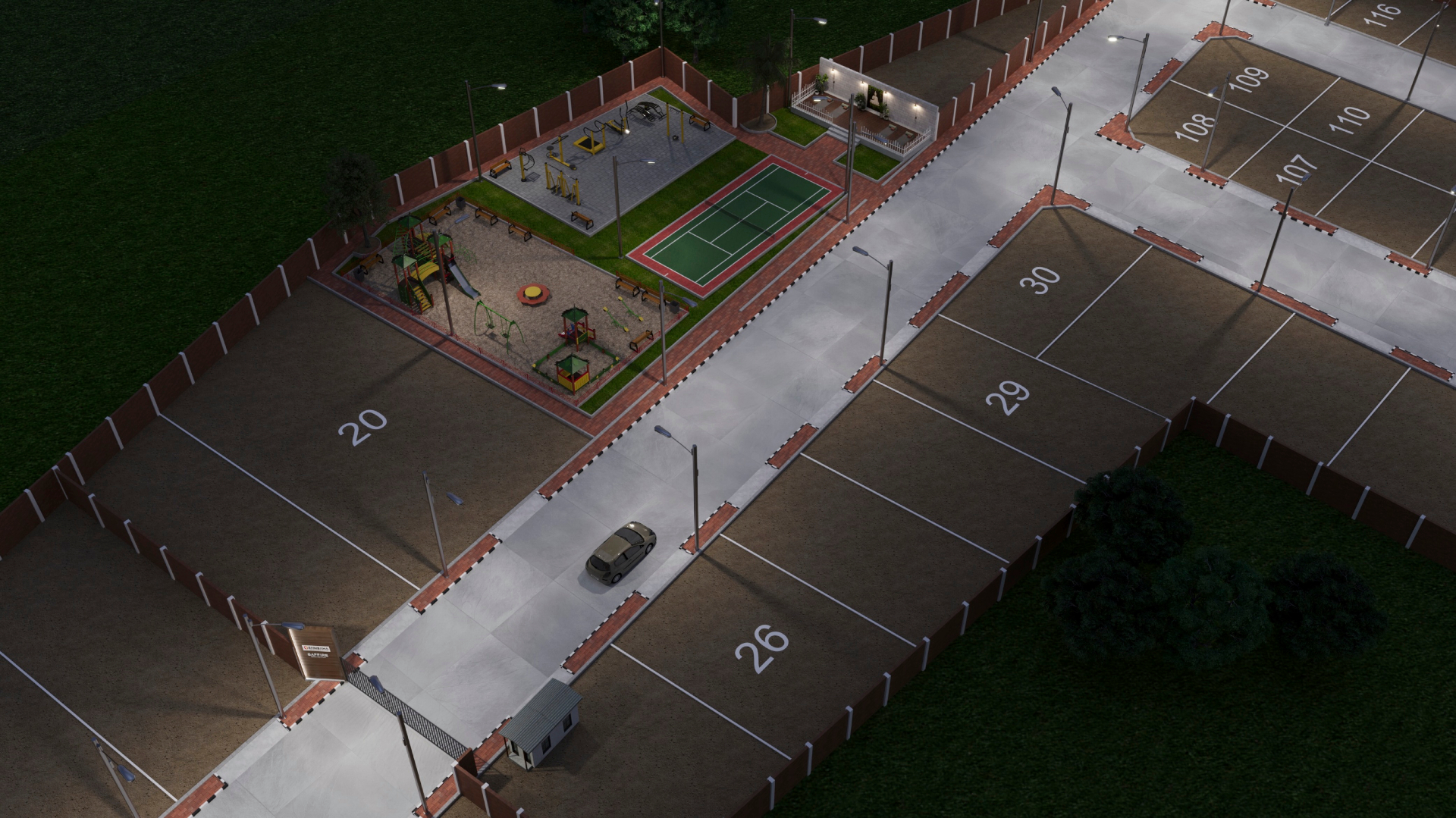 SAFFIRE 3D rendered master layout with plots, playground and shuttle court